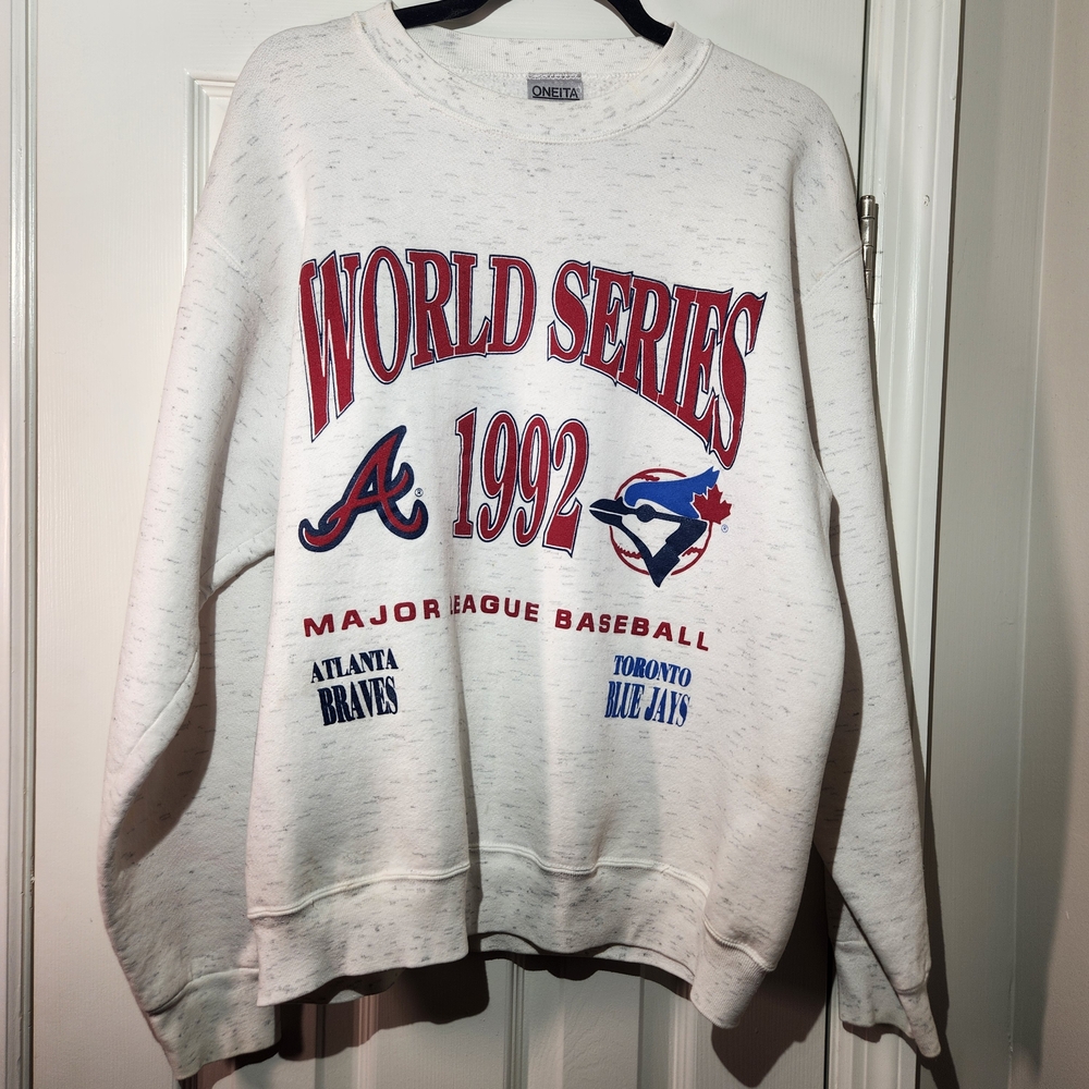 Vintage MLB World Series 1992 Gray Sweatshirt Mens XL (46 - 48) Braves Blue Jays